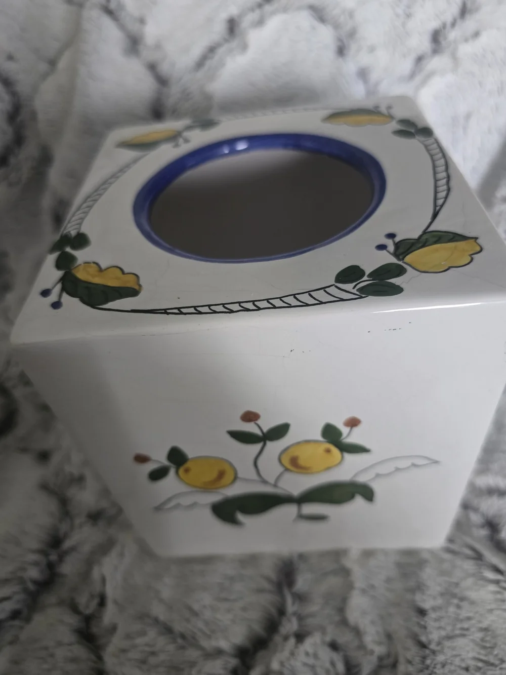 Hand-Painted Lemons Ceramic Tissue Box Cover Portugal Chip, Crazing, Crack